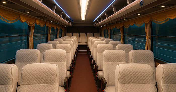 대규모 인원 수송에 최적화된 45인승 버스 실내 좌석